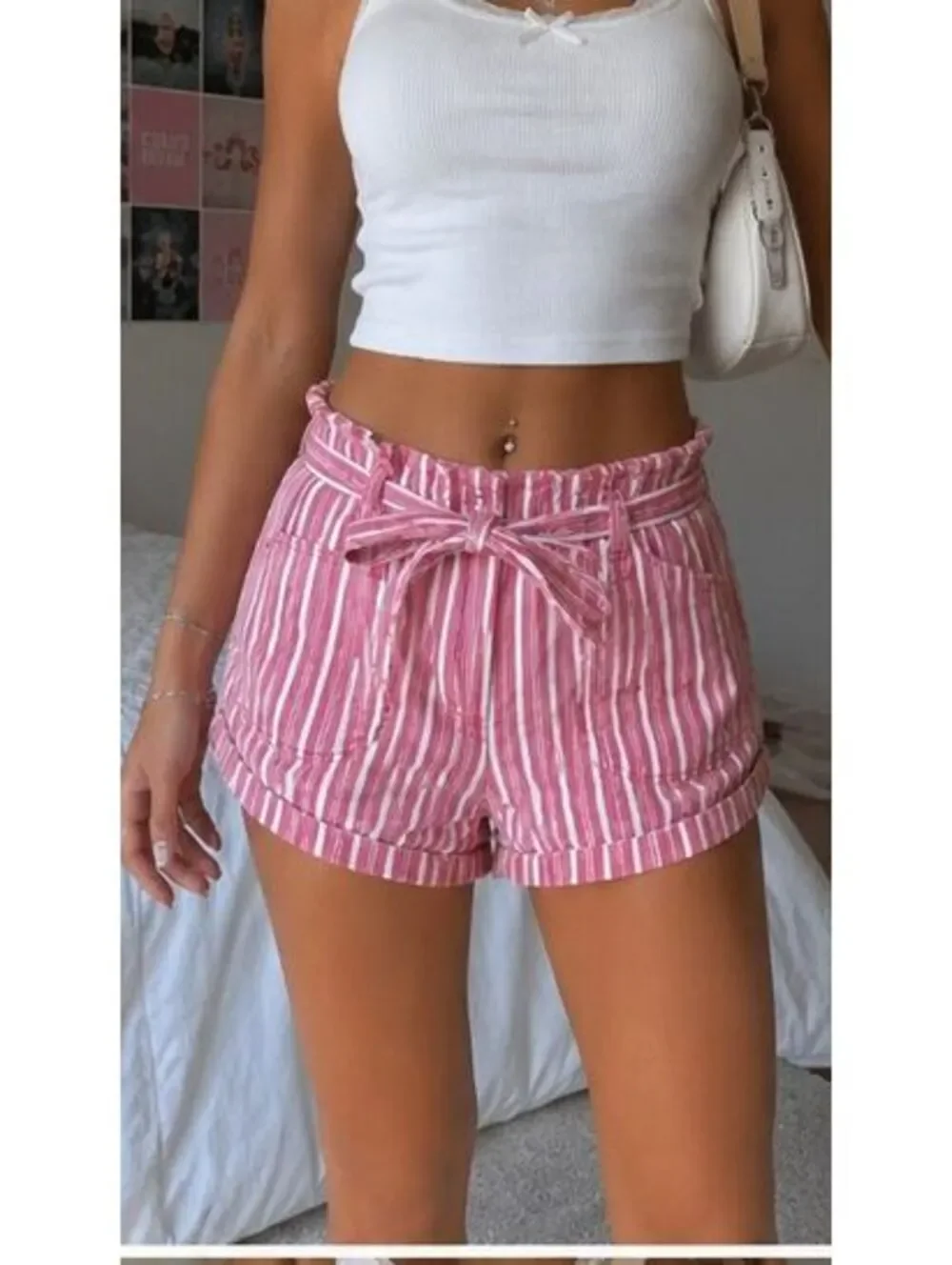 American Eagle Pink & White Striped Paperbag Waist Tie Shorts Women's Size 8